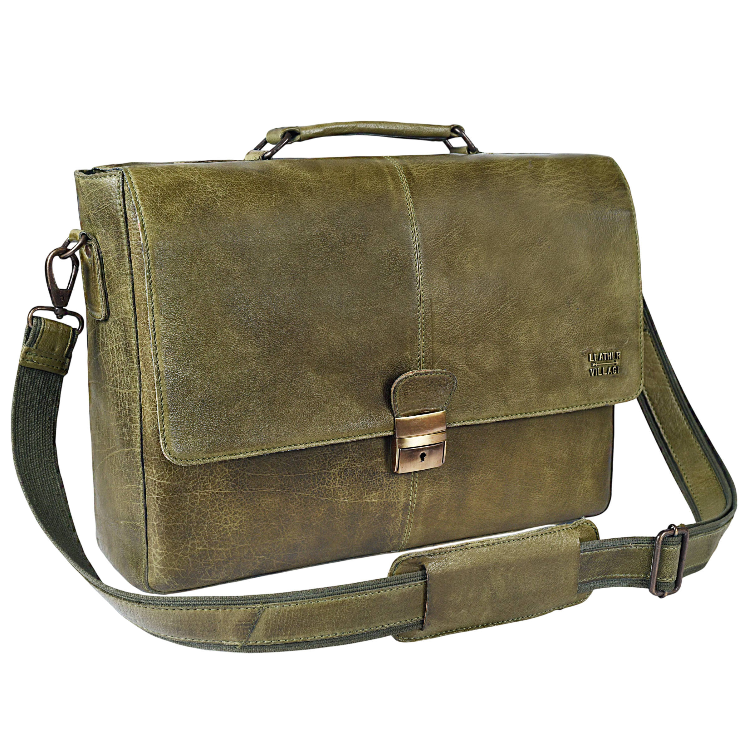 Leather Messenger Bag for Men & Women - Olive