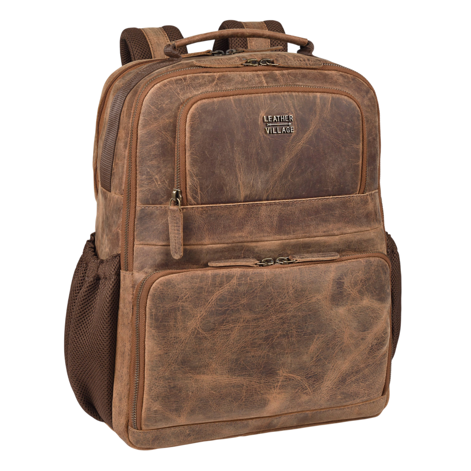 Vintage dark brown genuine leather messenger bag with buckle pockets and adjustable shoulder strap