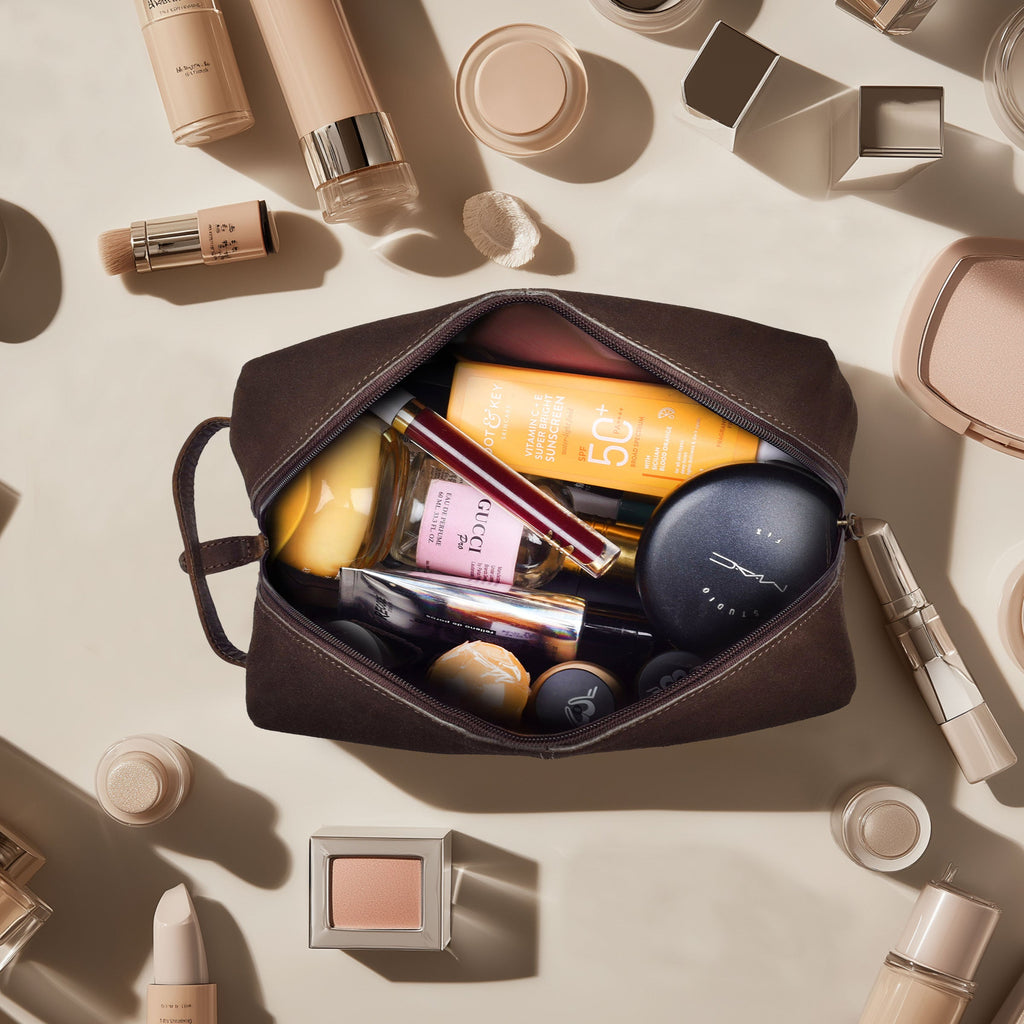 Travel Makeup Bag for Women – Large Capacity Suede Leather Cosmetic Pouch with Handle, Inner Pockets & Wide Opening – Flat Open Toiletry Organizer for Travel & Daily Use