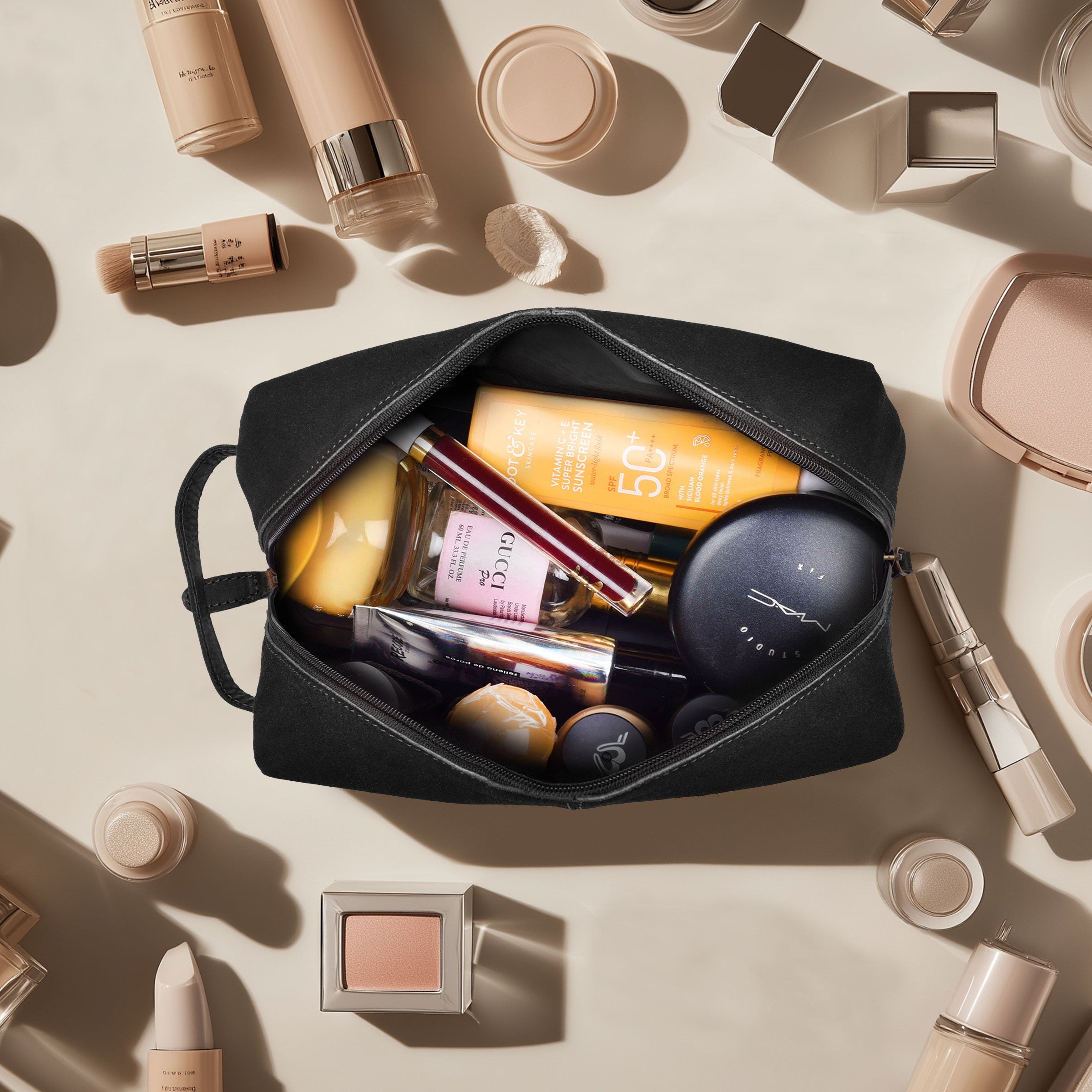 Travel Makeup Bag for Women – Large Capacity Suede Leather Cosmetic Pouch with Handle, Inner Pockets & Wide Opening – Flat Open Toiletry Organizer for Travel & Daily Use