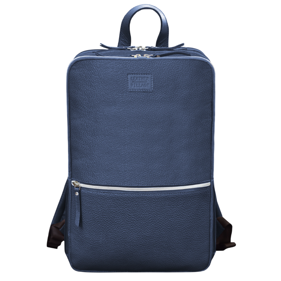 Blue Leather Laptop Backpack for Work & Travel