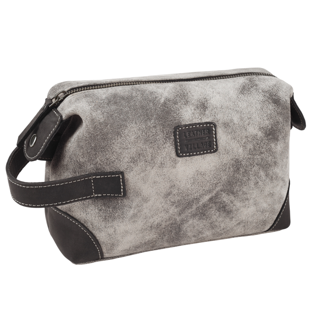 Leather Village Grey Leather Dopp Kit for Travel and Grooming Essentials Organization