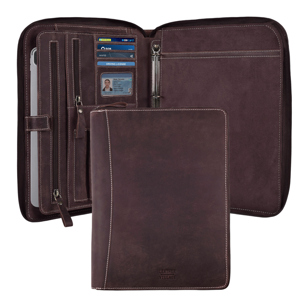 Leather Zipper Padfolio Ring Binder Organizer for Men & Women -Sandal