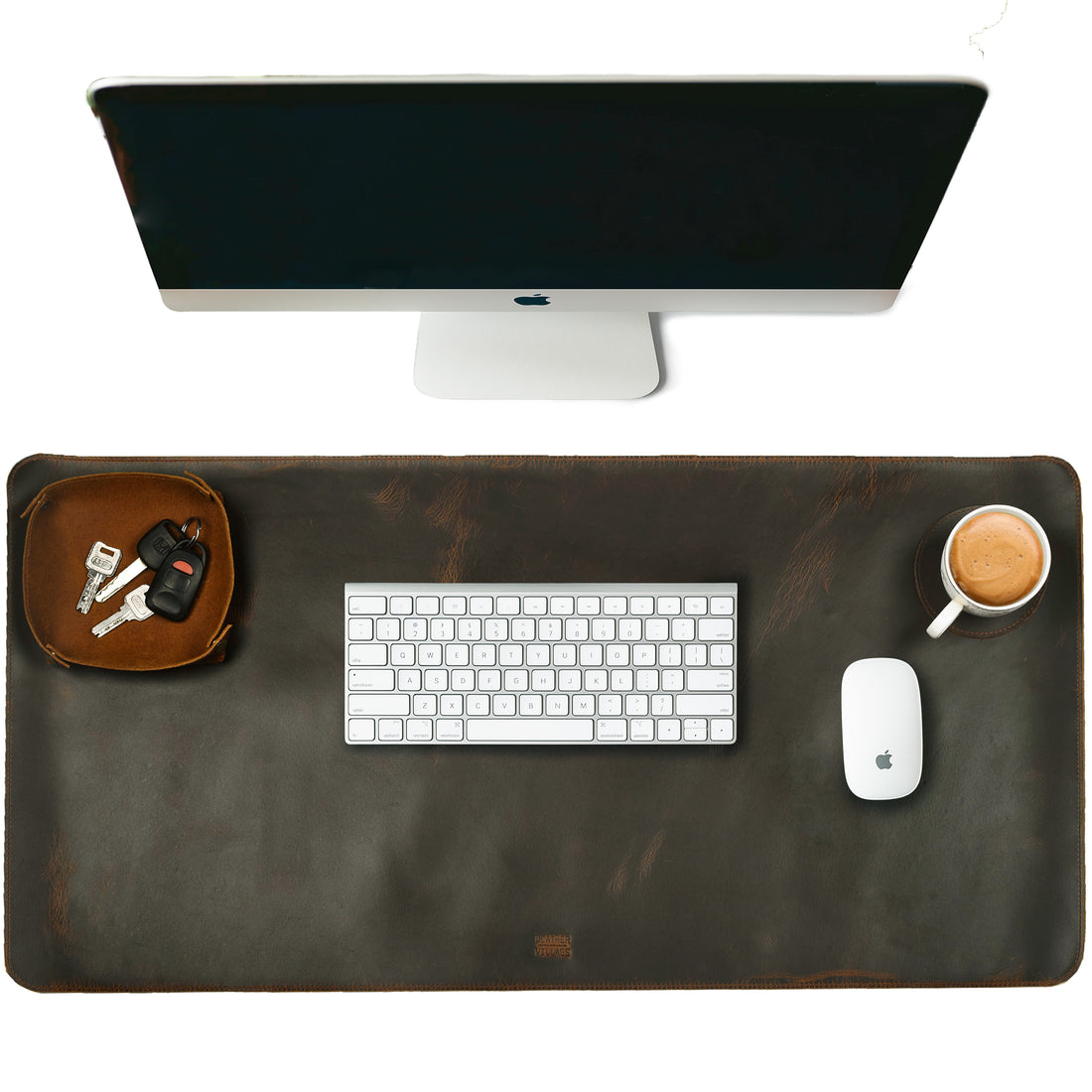Real Leather Desk Mat for Desktop & Laptop, with Leather Tray & Tea Coaster, 3mm Thick 32''x16'' Genuine Leather Desk Cover-Protector-Blotter