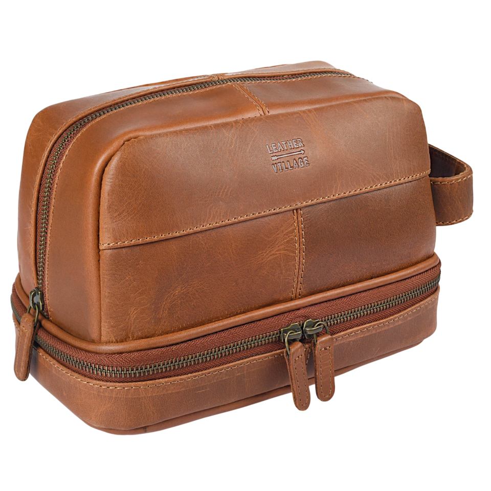 Leather Village leather toiletry bag with zipper travel organizer compartments