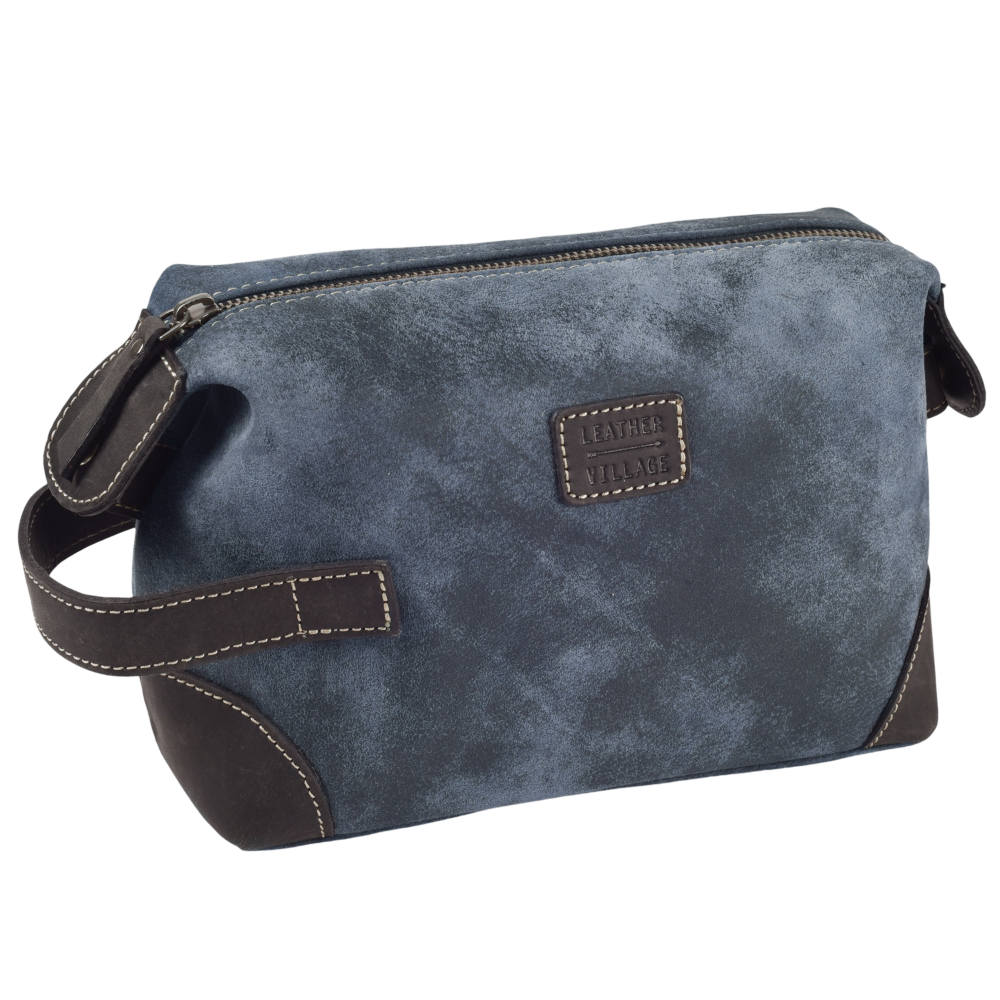 lether Village Blue Leather Dopp Kit for Travel and Grooming Essentials Organization