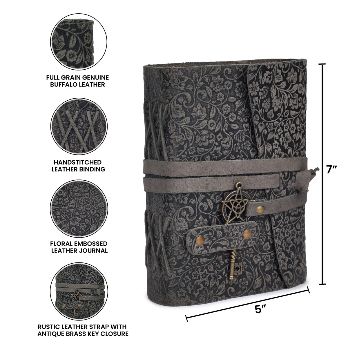 Leather Bound Journal Floral Embossed Notebook - 260 Page- 7"X5"- Vintage Paper Writing Journal Sketchbook