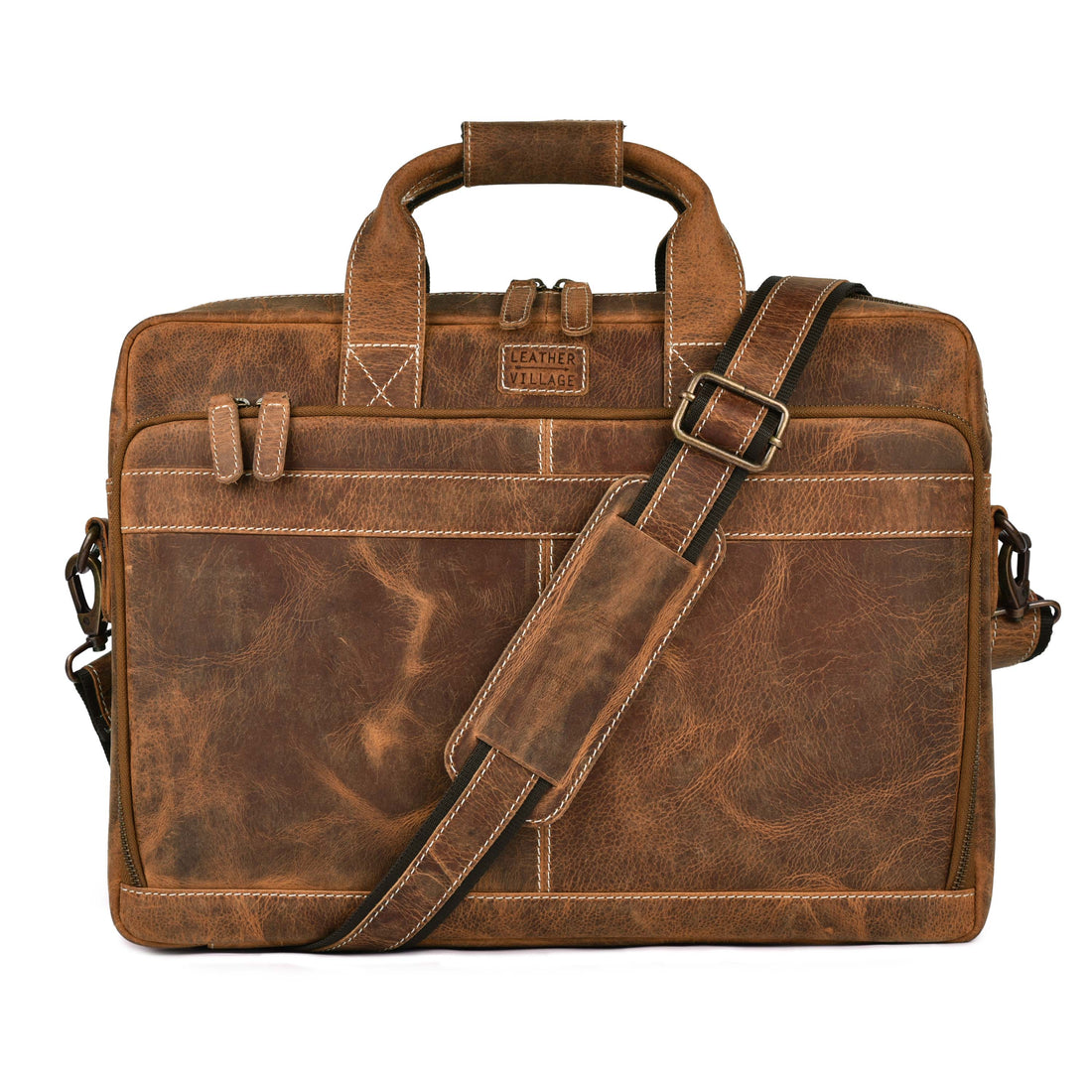 LEATHER VILLAGE 16" Leather Laptop Messenger Briefcase Bag for Men-Brown-Leather Satchel for Travel and Office Shoulder Bag