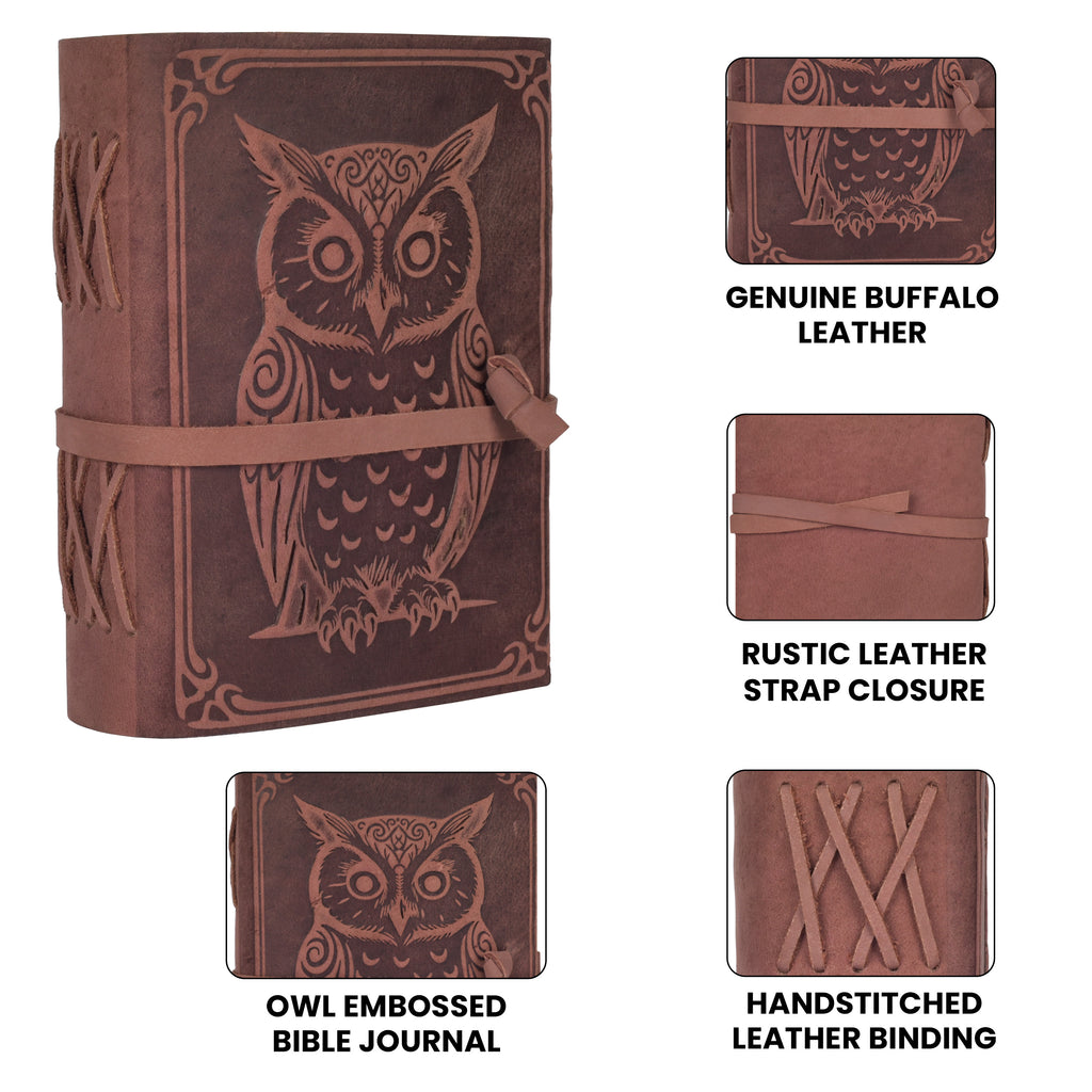 Vintage owl leather notebook with handcrafted pages and secure wrap strap