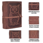 Vintage owl leather notebook with handcrafted pages and secure wrap strap