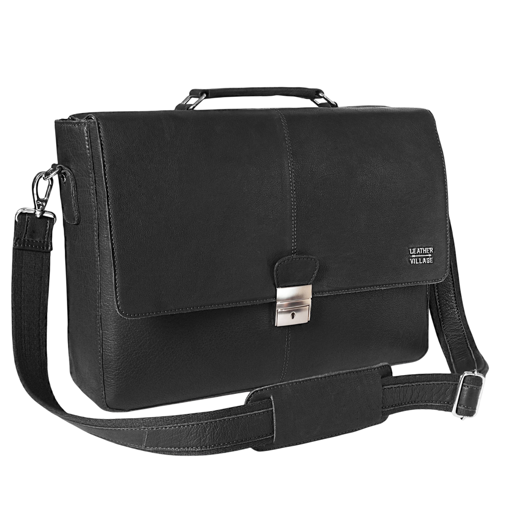 Leather Messenger Bag for Men & Women - Black