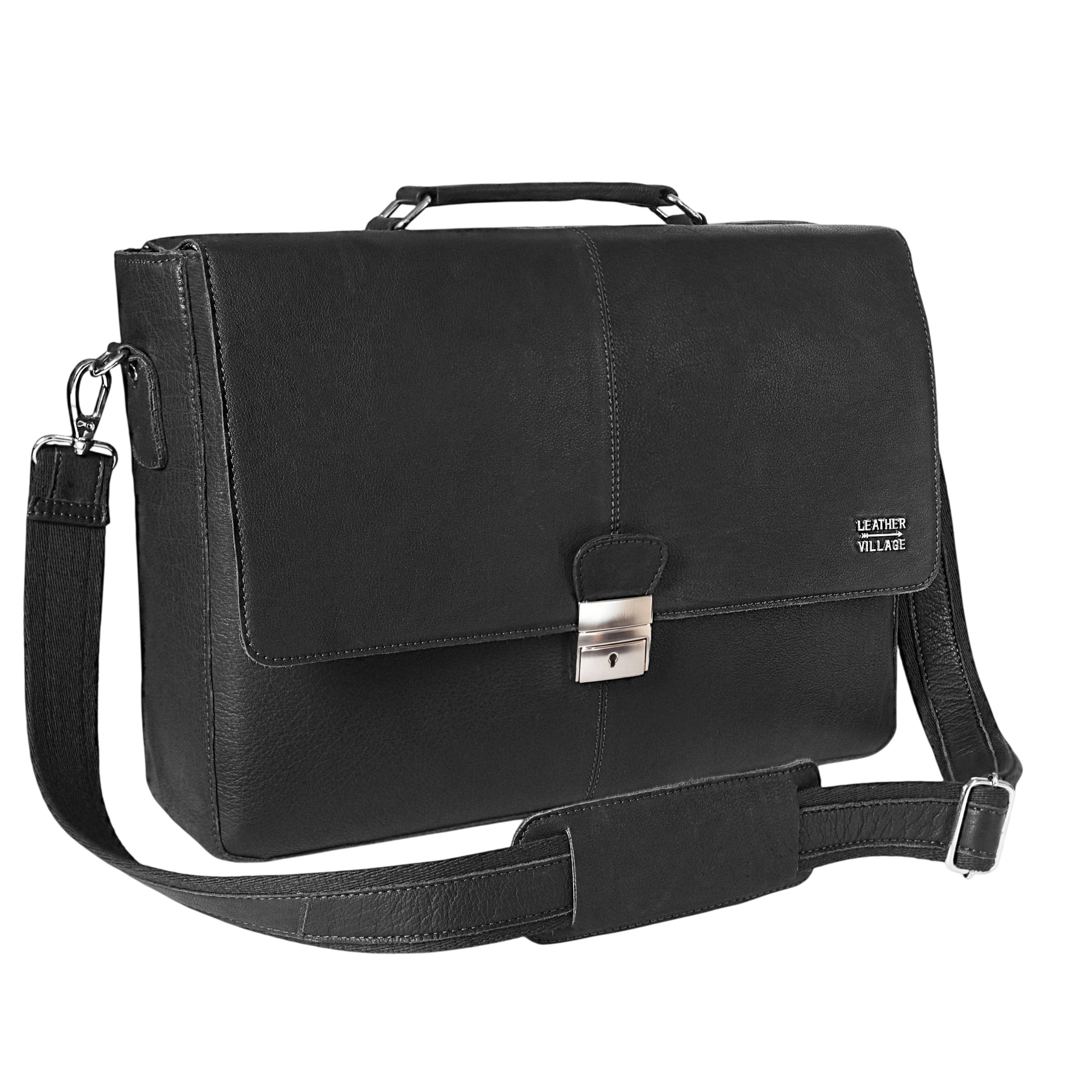 Leather Messenger Bag for Men & Women - Black