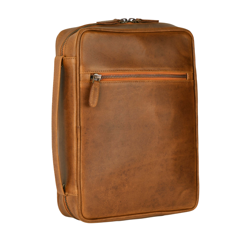 Vintage brown leather Bible cover with front zipper pocket