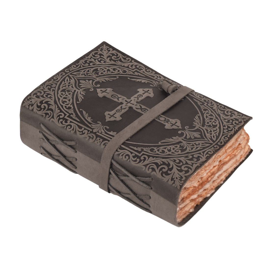 Vintage black leather Holy Bible with embossed cross design