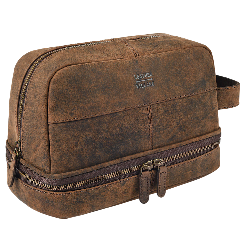 Leather Village Distressed Brown Leather Dopp Kit for Travel and Grooming Essentials