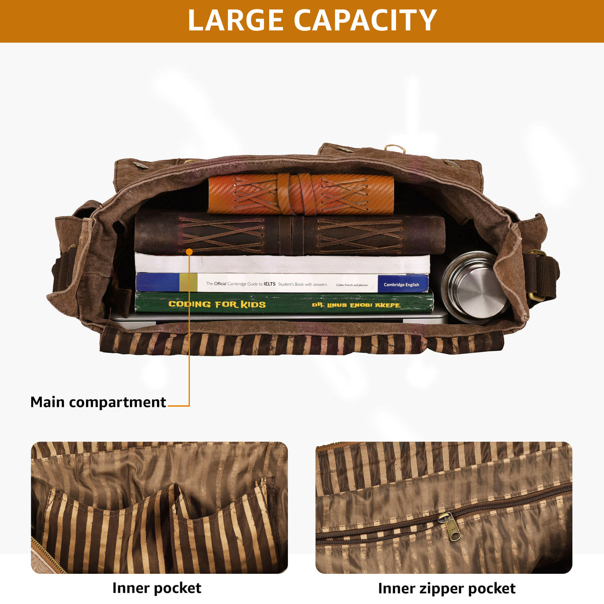 Vintage Canvas Messenger Bag – 16 Inch Handmade Laptop Shoulder Bag for Men & Women – Crossbody Work Bag for Office, Travel & Daily Use - Brown