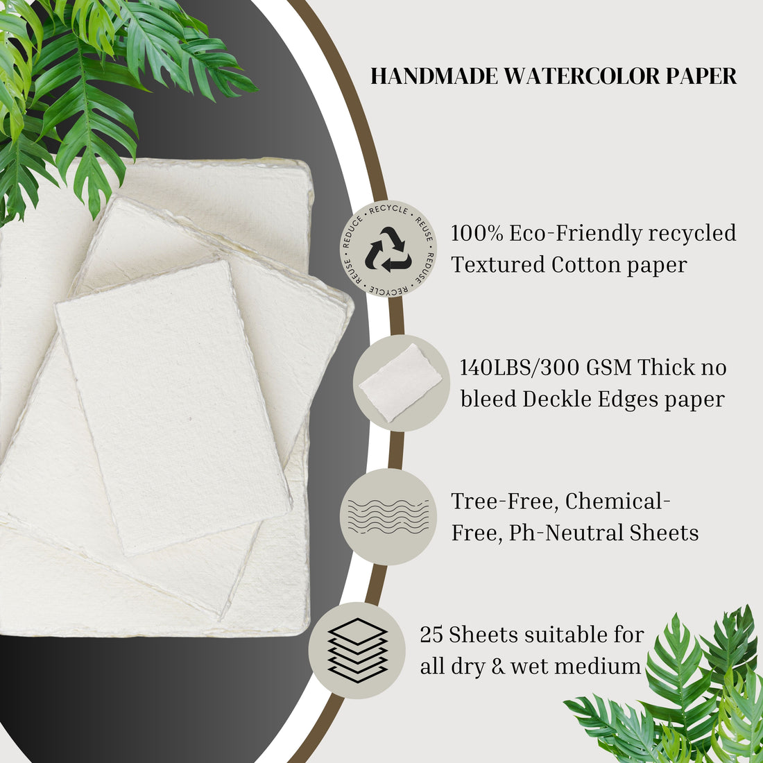 140 lb/300 GSM Watercolor Paper- 25 Sheets Deckle Edge Handmade Paper, Rough/unpressed/Textured, Off White, Cotton Paper