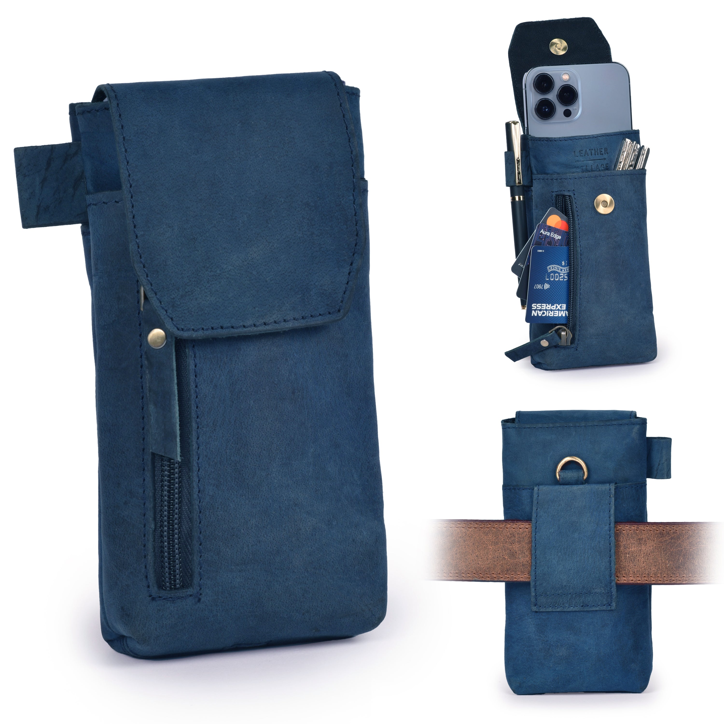 Leather Village Genuine Leather Phone Holster Pouch with Belt Clip, Magnetic Closure, ID Card Holder - Universal Case for iPhone, Samsung Galaxy, Google Pixel