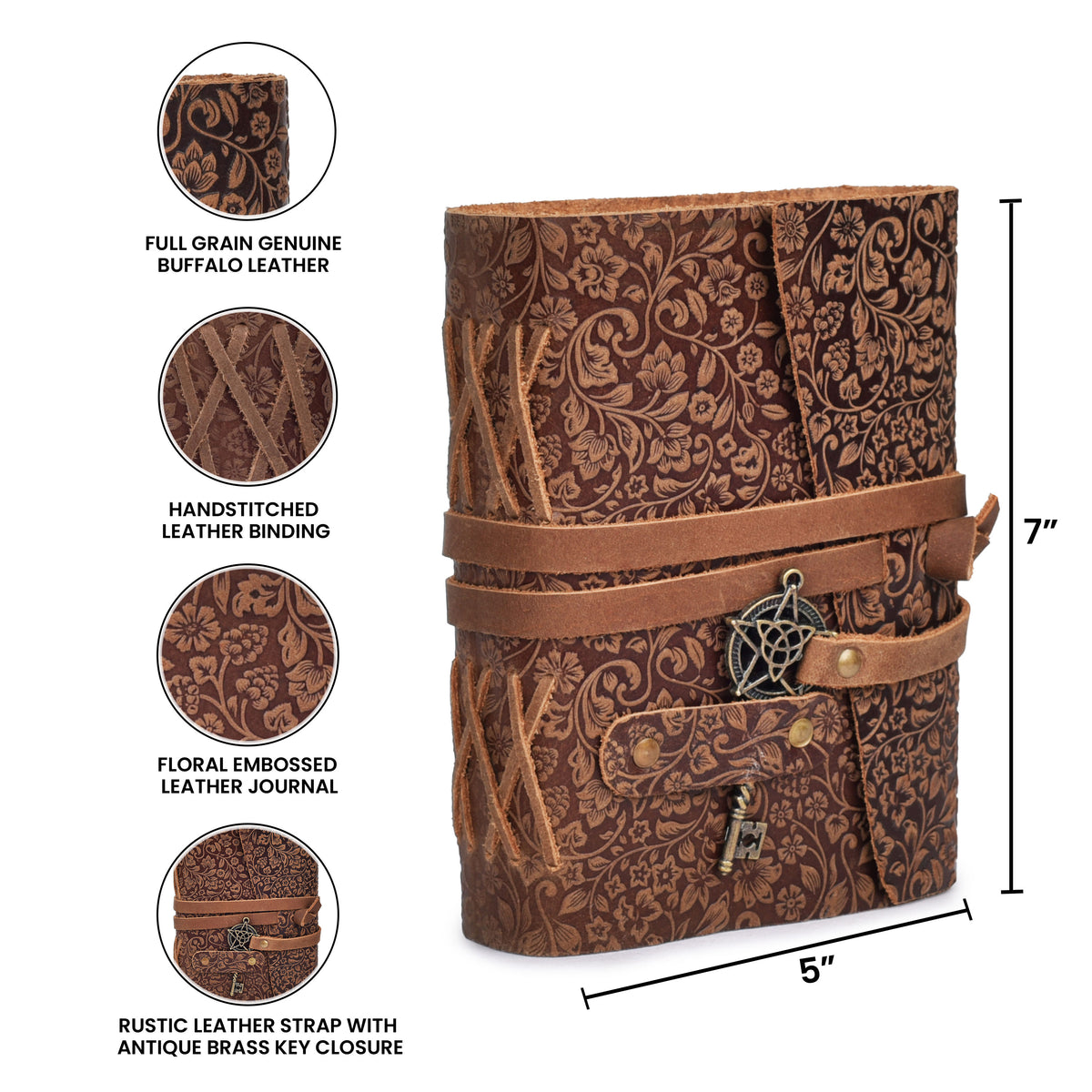 Leather Bound Journal Floral Embossed Notebook - 260 Page- 7"X5"- Vintage Paper Writing Journal Sketchbook