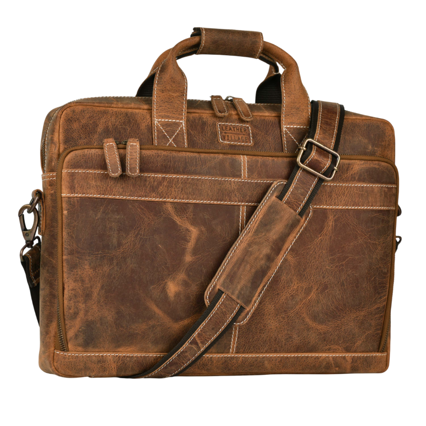 Leather Laptop Messenger Briefcase Bag - Tan