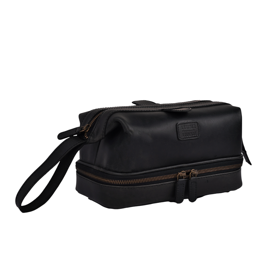 Black Leather Dopp Kit – Travel Toiletry Bag