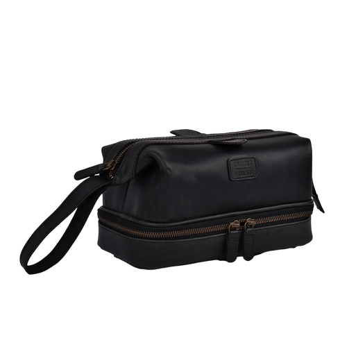 Leather Village Black Leather Toiletry Bag for Travel and Grooming Essentials