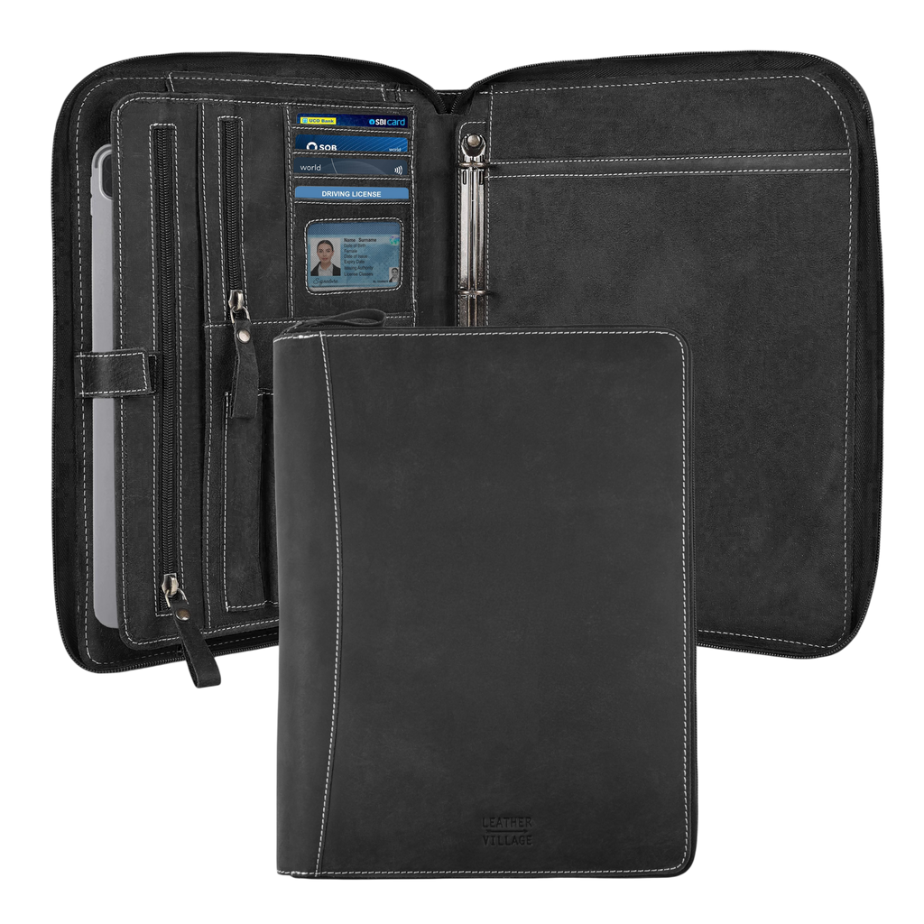 Leather Zipper Padfolio Ring Binder Organizer for Men & Women -Black