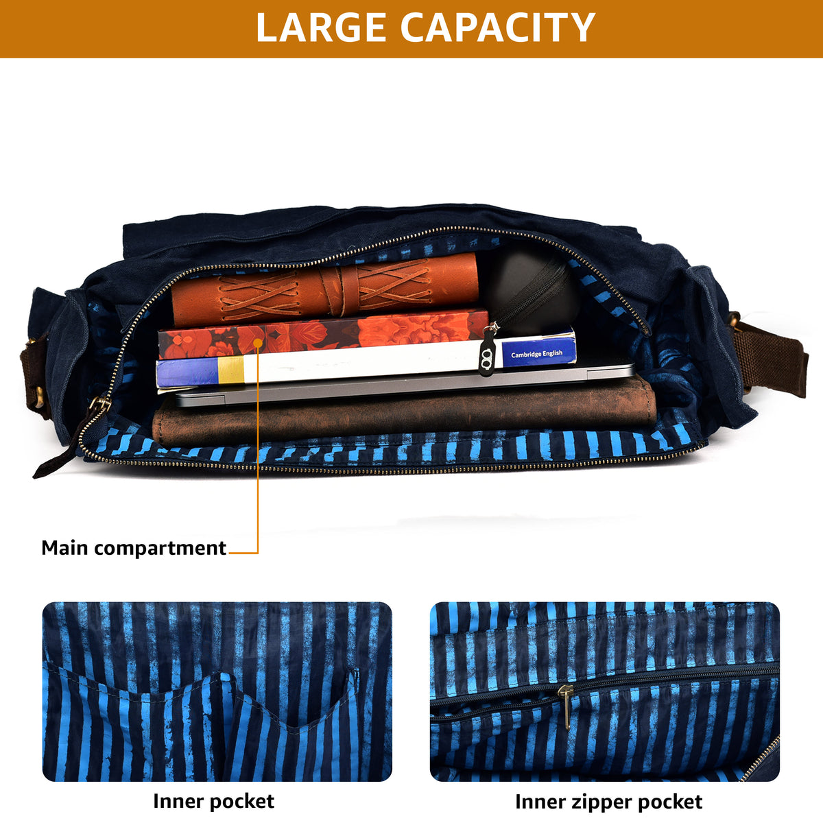 Vintage Canvas Messenger Bag – 16 Inch Handmade Laptop Shoulder Bag for Men & Women – Crossbody Work Bag for Office, Travel & Daily Use - Brown