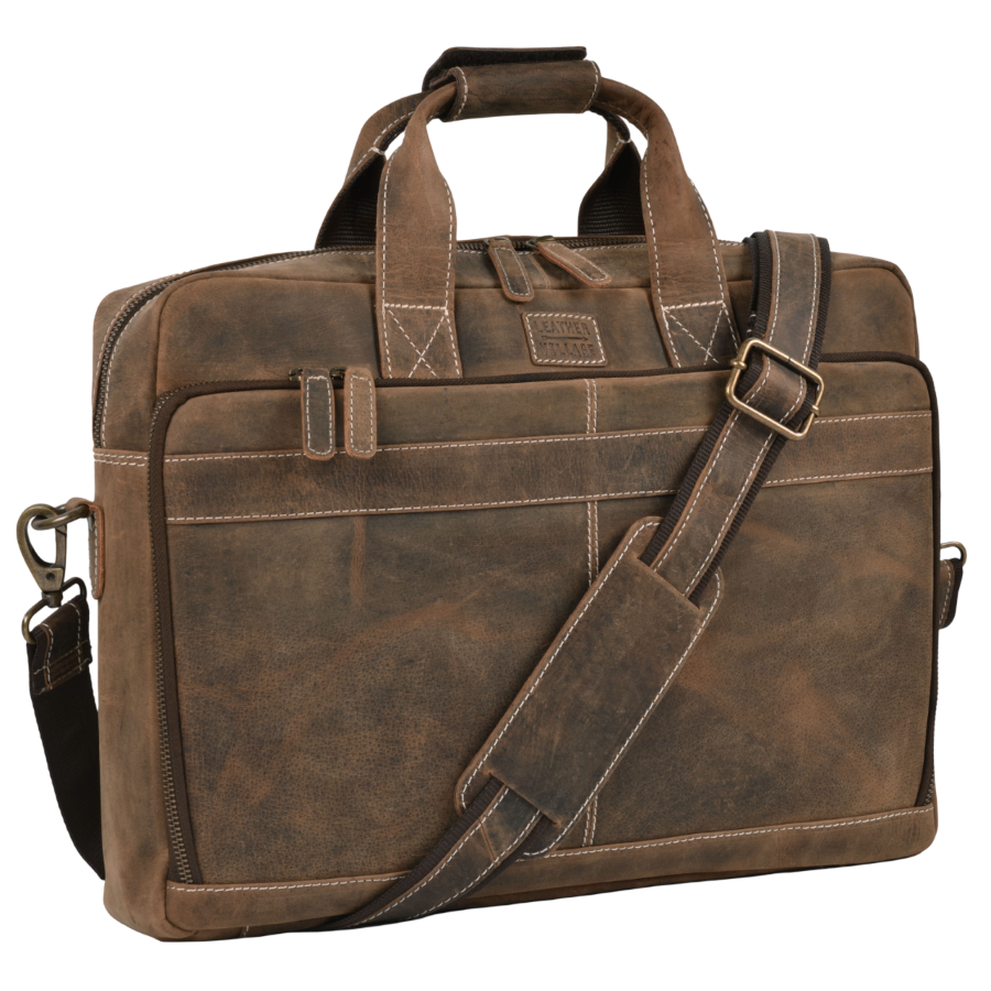 Leather Laptop Messenger Briefcase Bag - Cappuccino Brown