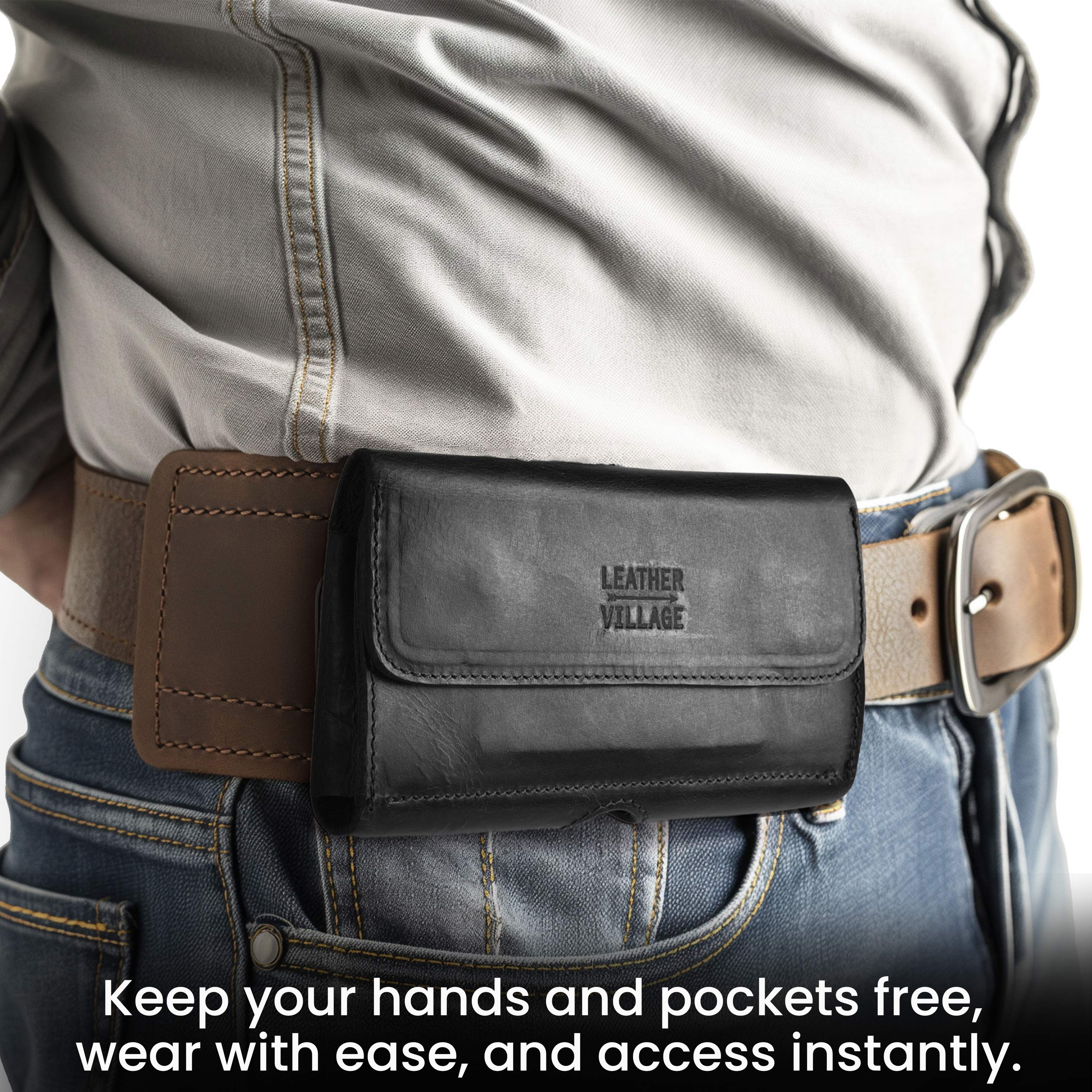 Leather Phone Belt Pouch - Black Leather Village