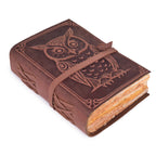 Handmade brown leather owl journal with rustic vintage wrap closure design
