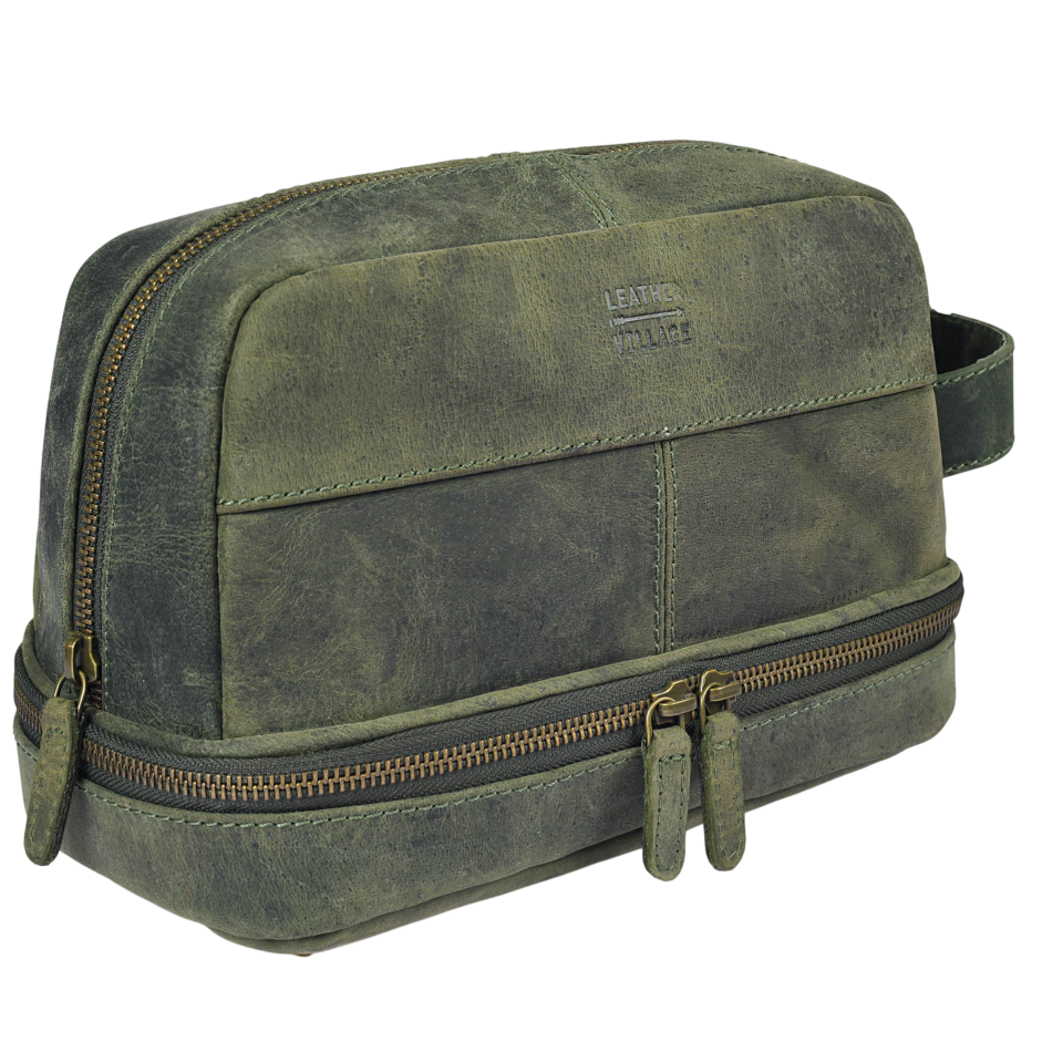 Leather Village Olive Leather Toiletry Bag for Travel with Water Resistant Interior Lining