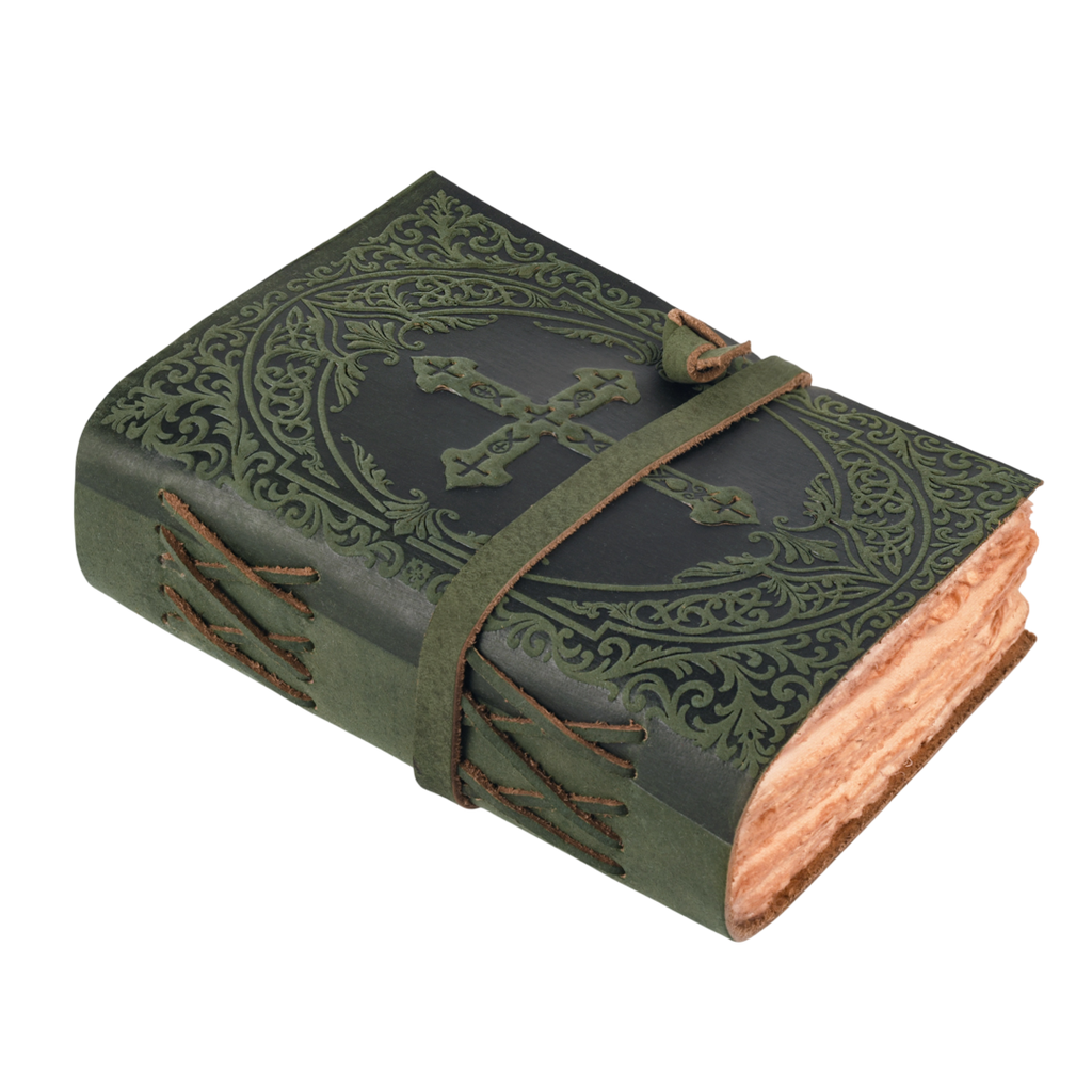 Vintage green leather Holy Bible with embossed cross design