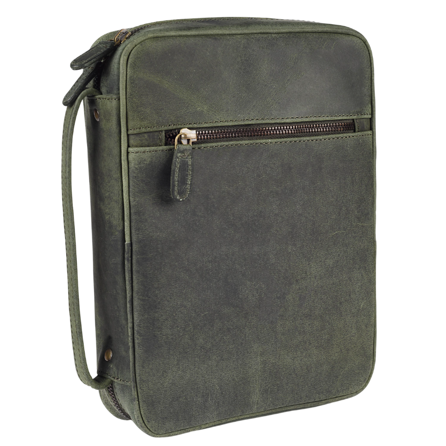 Olive Leather Bible Cover with Zipper - Protective Bible Case Leather Village