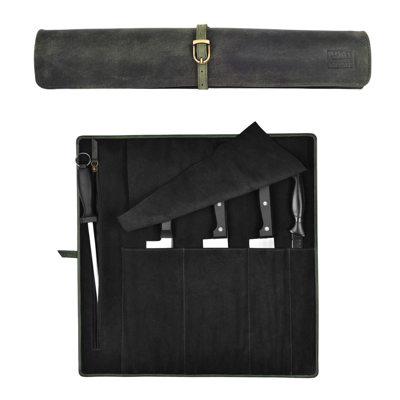 Genuine Leather Knife Roll Case - Olive Leather Village