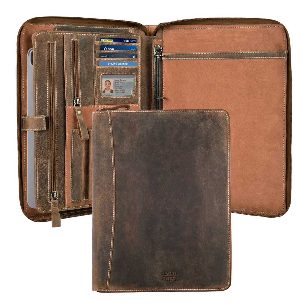 Leather Zipper Padfolio Ring Binder Organizer for Men & Women -Tan