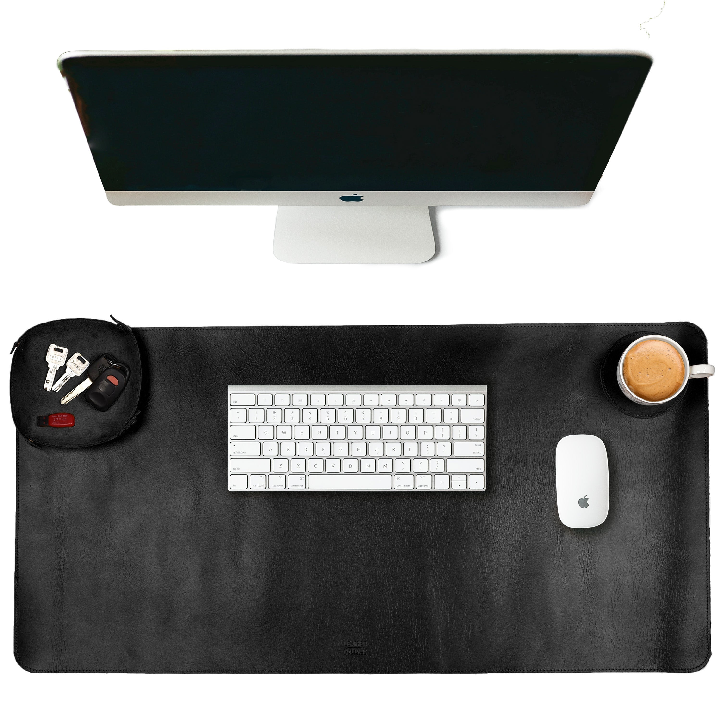 Real Leather Desk Mat for Desktop & Laptop, with Leather Tray & Tea Coaster, 3mm Thick 32''x16'' Genuine Leather Desk Cover-Protector-Blotter