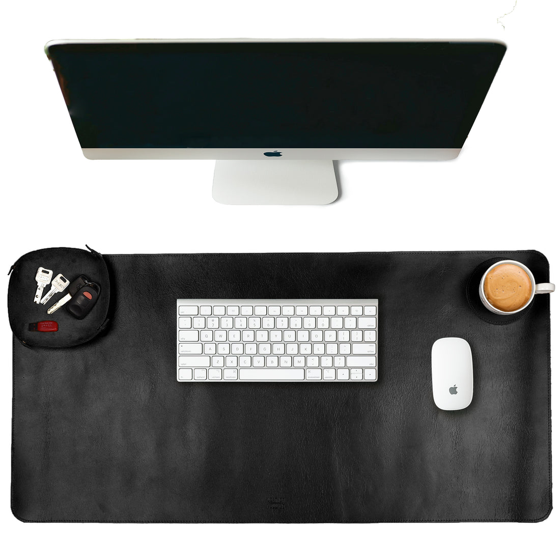Real Leather Desk Mat for Desktop & Laptop, with Leather Tray & Tea Coaster, 3mm Thick 32''x16'' Genuine Leather Desk Cover-Protector-Blotter