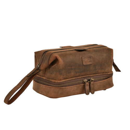 Leather Village Brown Leather Toiletry Bag for Travel with Water Resistant Interior Lining
