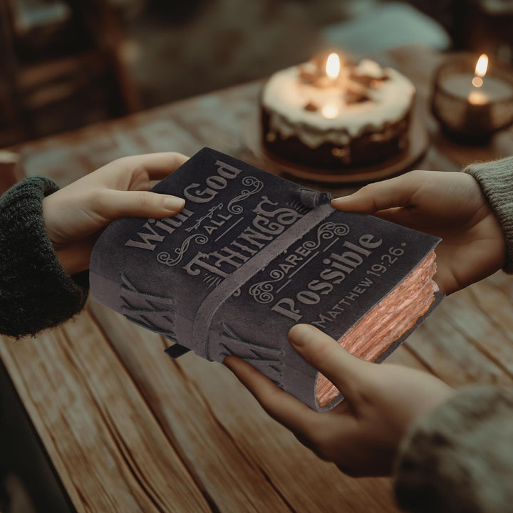 Leather Bound Vintage Bible Journal – With God All Things Are Possible – Handmade Christian Journal for Women – 200 Deckle Edge Watercolor Pages – 7x5 Inch