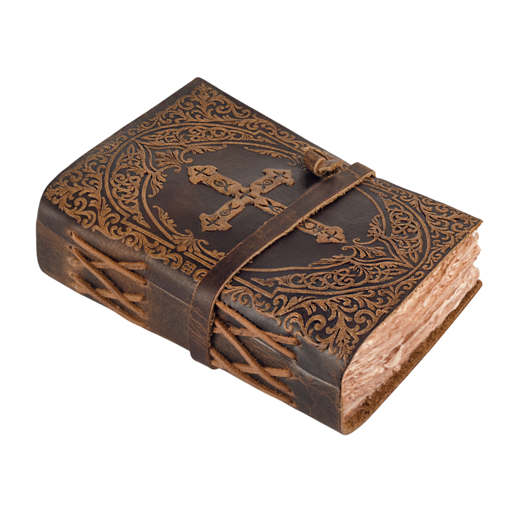 Vintage dark brown leather Holy Bible with embossed cross design