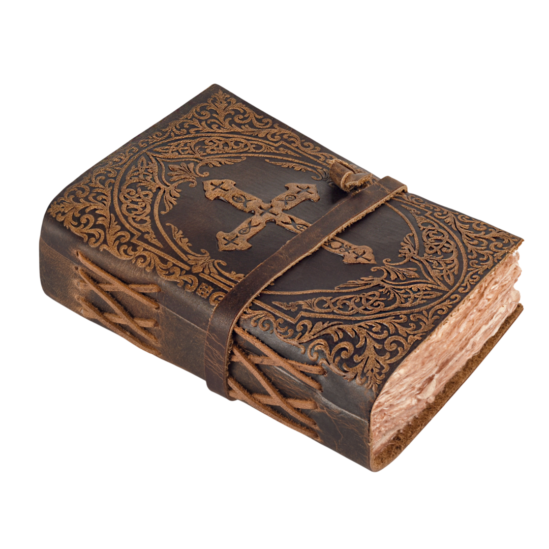 Vintage dark brown leather Holy Bible with embossed cross design