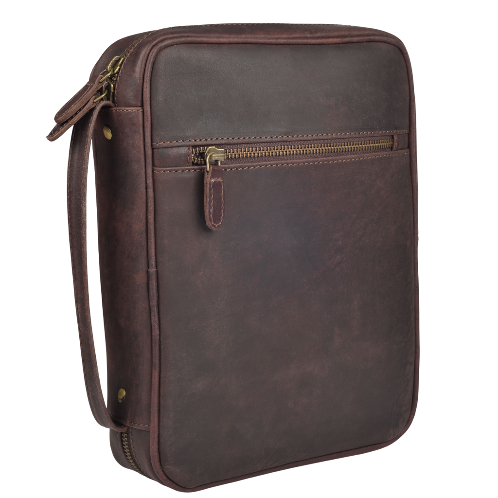 Vintage dark brown leather Bible cover with front zipper pocket