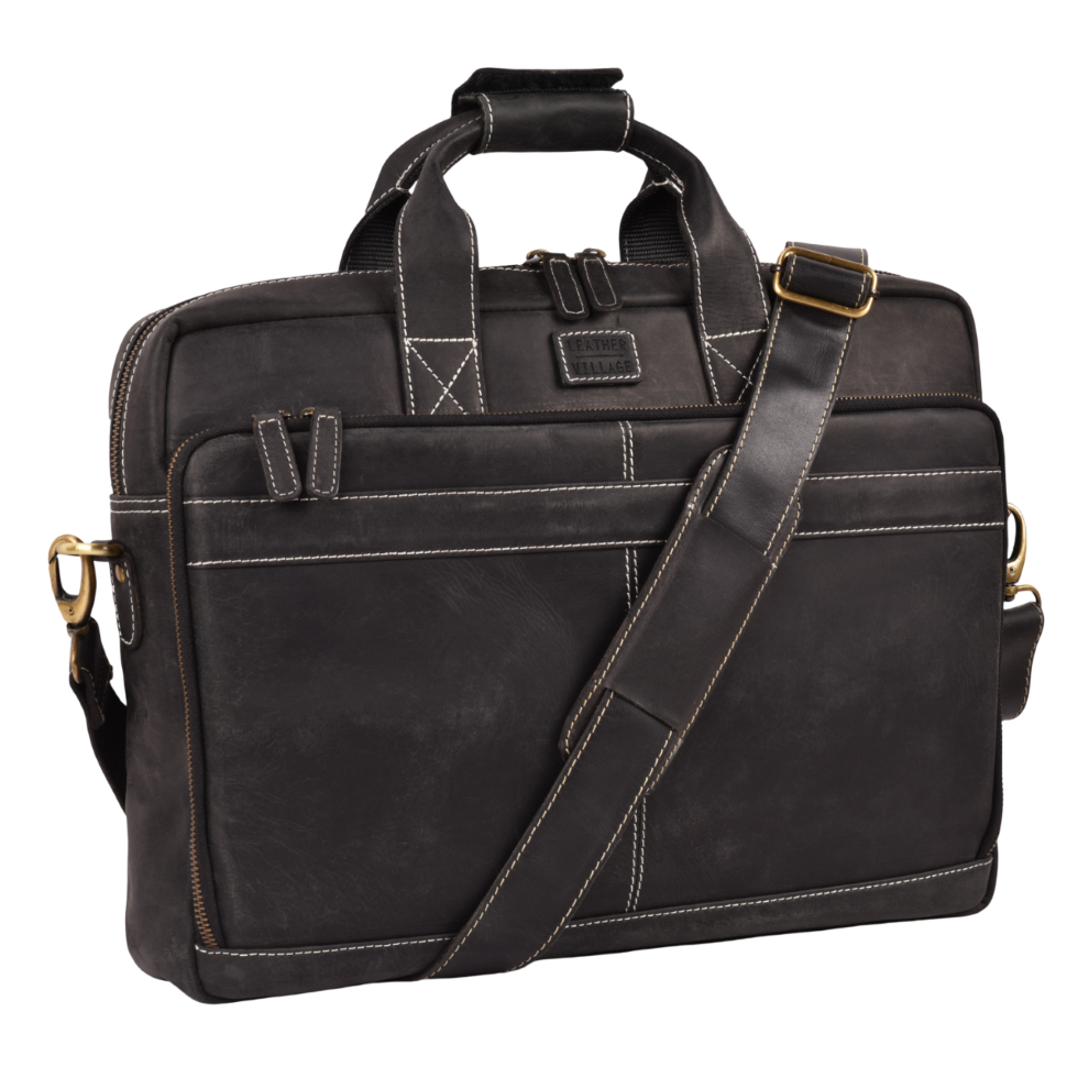 Leather Laptop Messenger Briefcase Bag - Black
