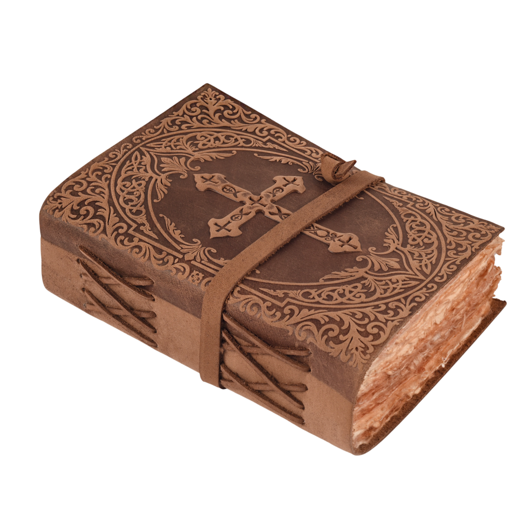 Vintage brown leather Holy Bible with embossed cross design