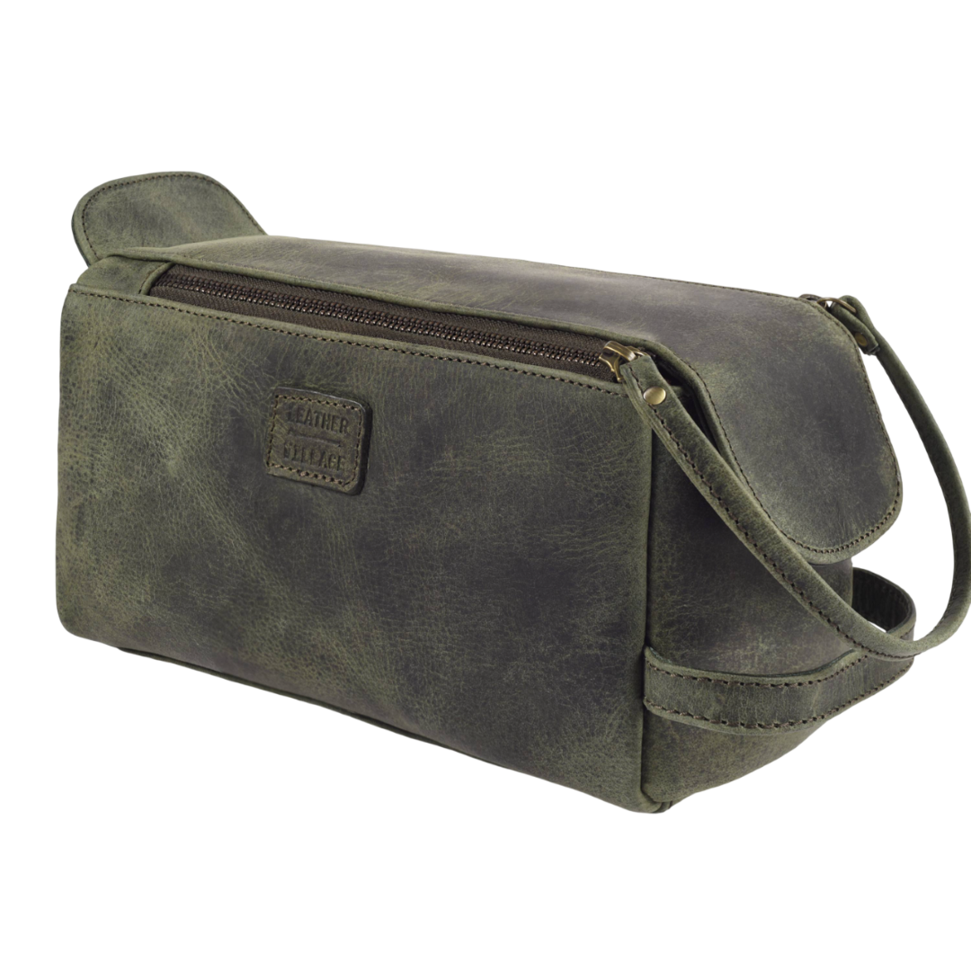 Leather Toiletry Bag for Travel - Olive