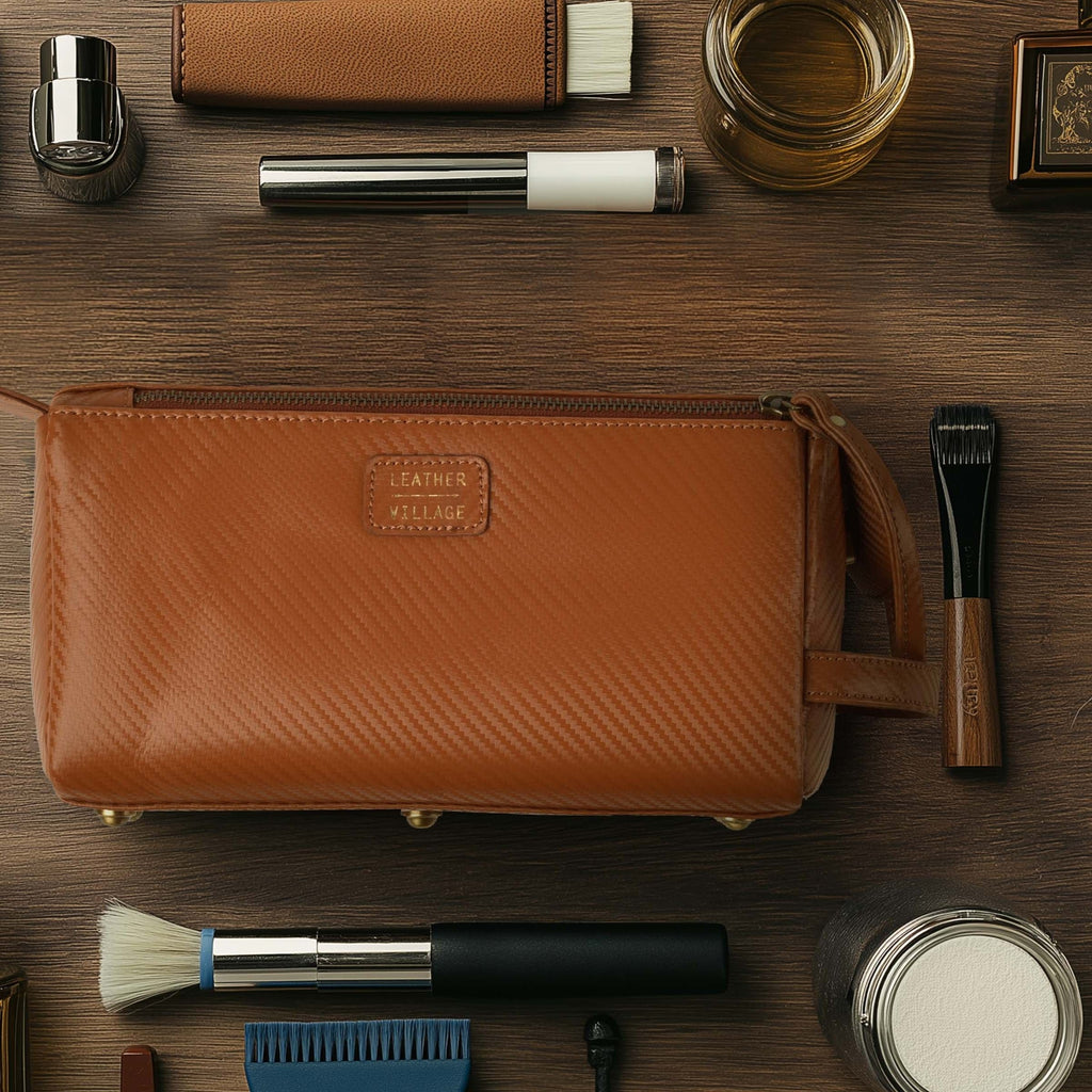 Tan Carbon Fiber  Leather Toiletry Bag For Travel