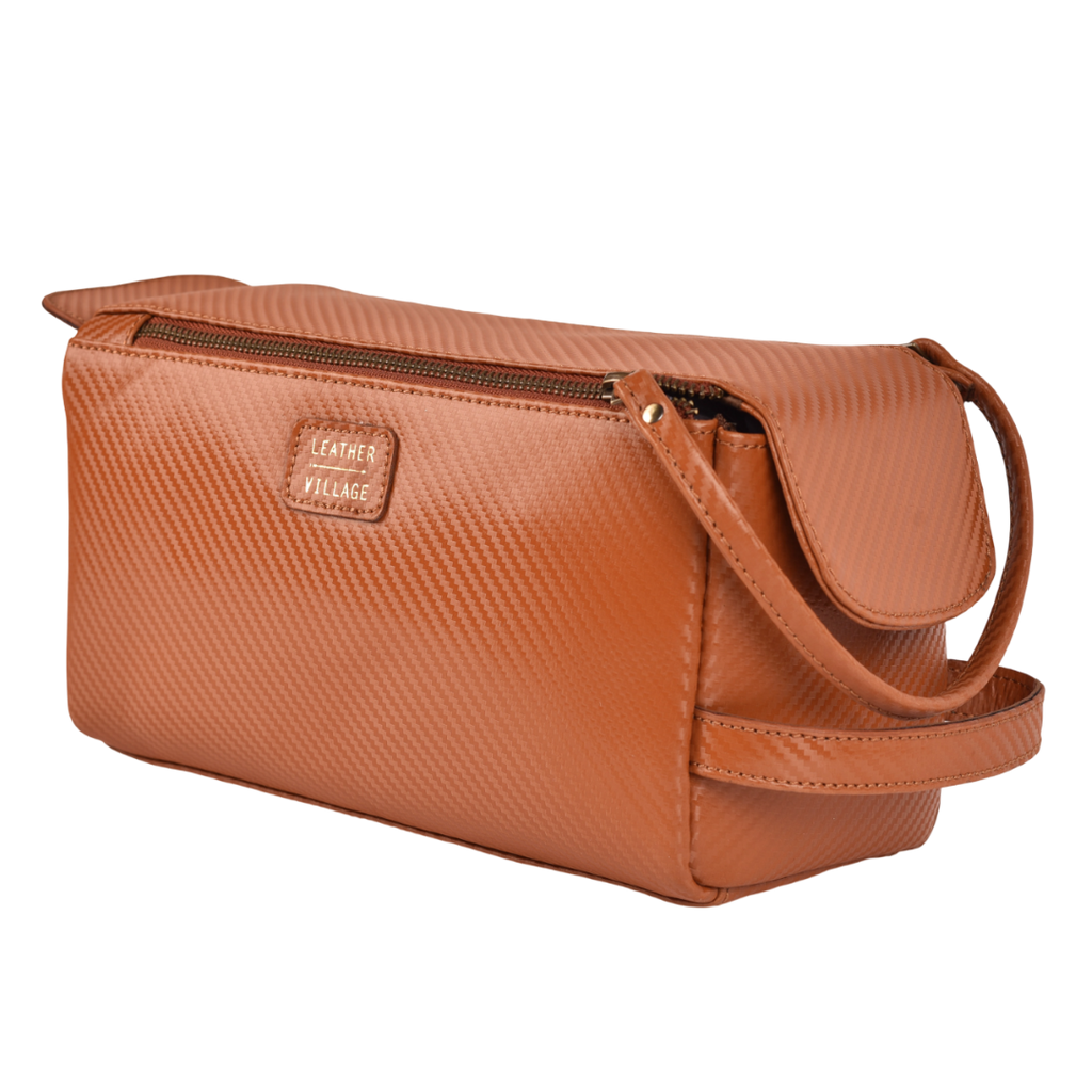 Tan Carbon Fiber  Leather Toiletry Bag For Travel