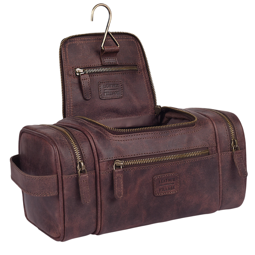 Leather Village Cherry Leather Toiletry Bag for Travel with Water Resistant Interior and Secure Zipper Closure