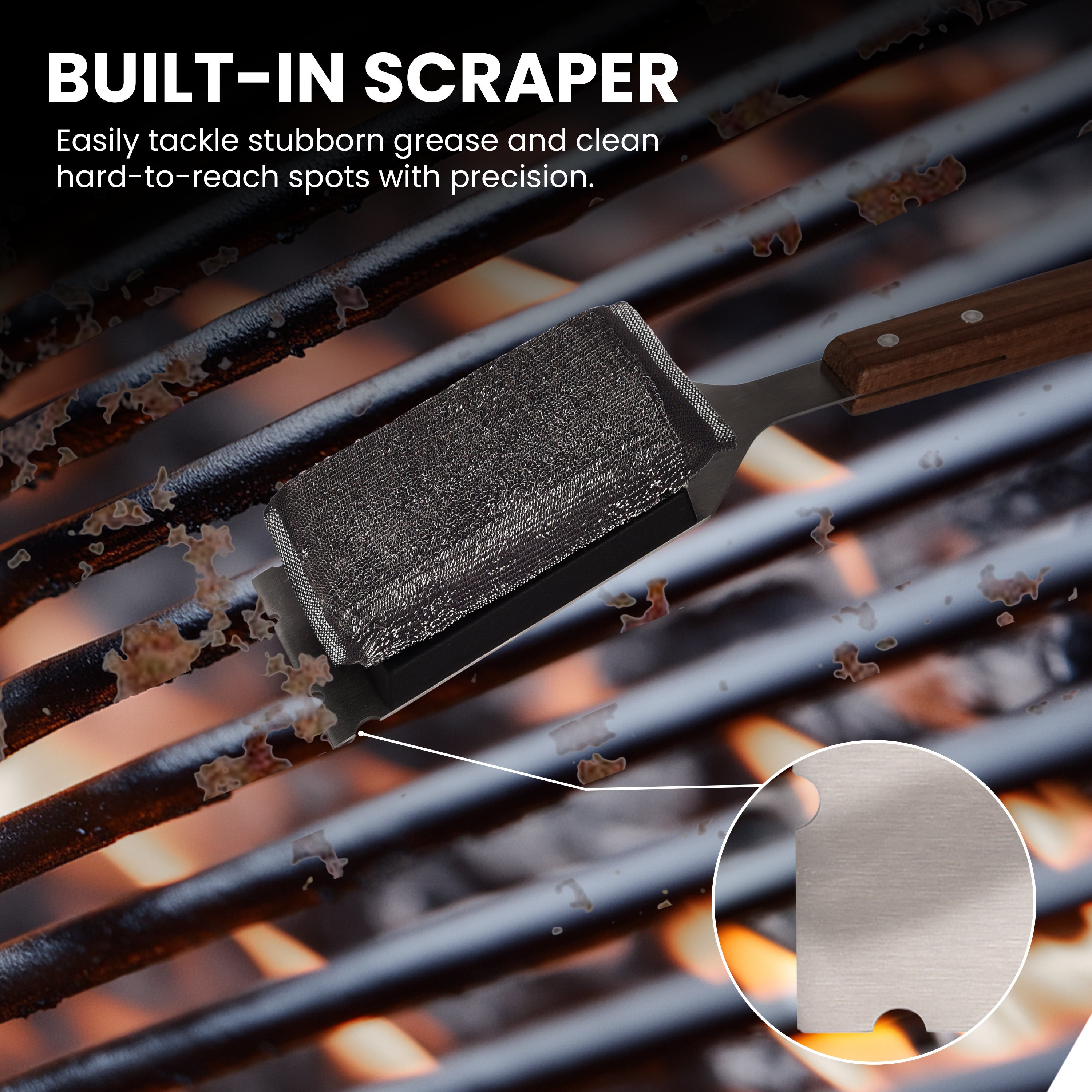 Grill Scrubber and Scraper for Barbecue with Replaceable Scrubber Head – Grill Cleaner for Outdoor Grill with Extended 16” Large Wooden Handle